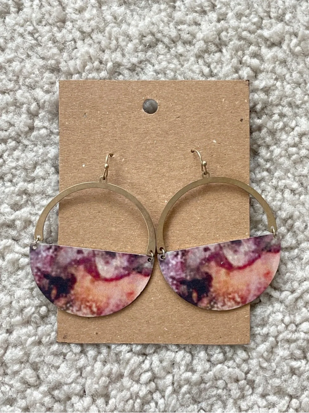 Boutique Pink Marble Print Pink Purple Gold Boho Half-Moon Hoop Drop Earrings